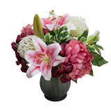 32cm Rose Peony & Wisteria Arrangement in Glass Artificial Flower Plant - Pink - Front View