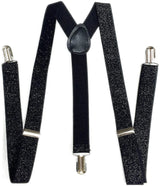 GLITTER SPARKLE SUSPENDERS Braces Clipon Elastic Y-Back Slim Adjustable - Black (Glitter) - Front View