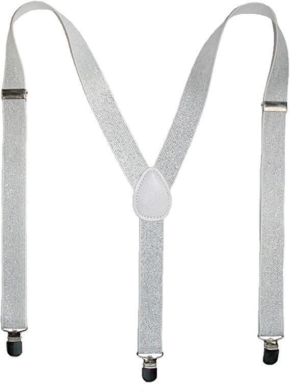 GLITTER SPARKLE SUSPENDERS Braces Clipon Elastic Y-Back Slim Adjustable - White (Glitter)