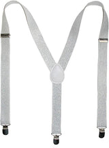 GLITTER SPARKLE SUSPENDERS Braces Clipon Elastic Y-Back Slim Adjustable - White (Glitter)