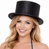 Glitter Top Hat Adult Costume Fancy Dress Party Plastic Tall Hat - Black - Front View
