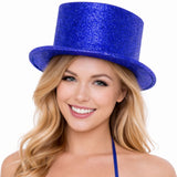 Glitter Top Hat Adult Costume Fancy Dress Party Plastic Tall Hat - Blue - Front View