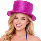Glitter Top Hat Adult Costume Fancy Dress Party Plastic Tall Hat - Hot Pink - Front View