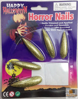 10x Long GLITTER HORROR NAILS Halloween Party Costume Accessory Vampire Witch - Gold - Front View