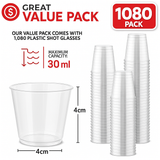1080pcs 30ml Reusable & Disposable Plastic Shot Glasses Clear Cups Event Tastings Bulk - Side View