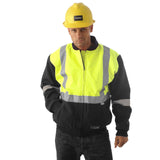 HUSKI Site Mens Hi Vis Wool Blend Bomber Jacket 3M Reflective Tape High Visibility - Yellow/Navy - 4XL - Front View