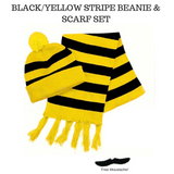 Tigers Beanie Hat & Scarf Set Party Costume w Moustache Warm Winter - Black/Yellow Stripe - Front View