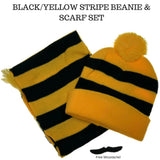 Tigers Beanie Hat & Scarf Set Party Costume w Moustache Warm Winter - Black/Yellow Stripe - Top-Down View
