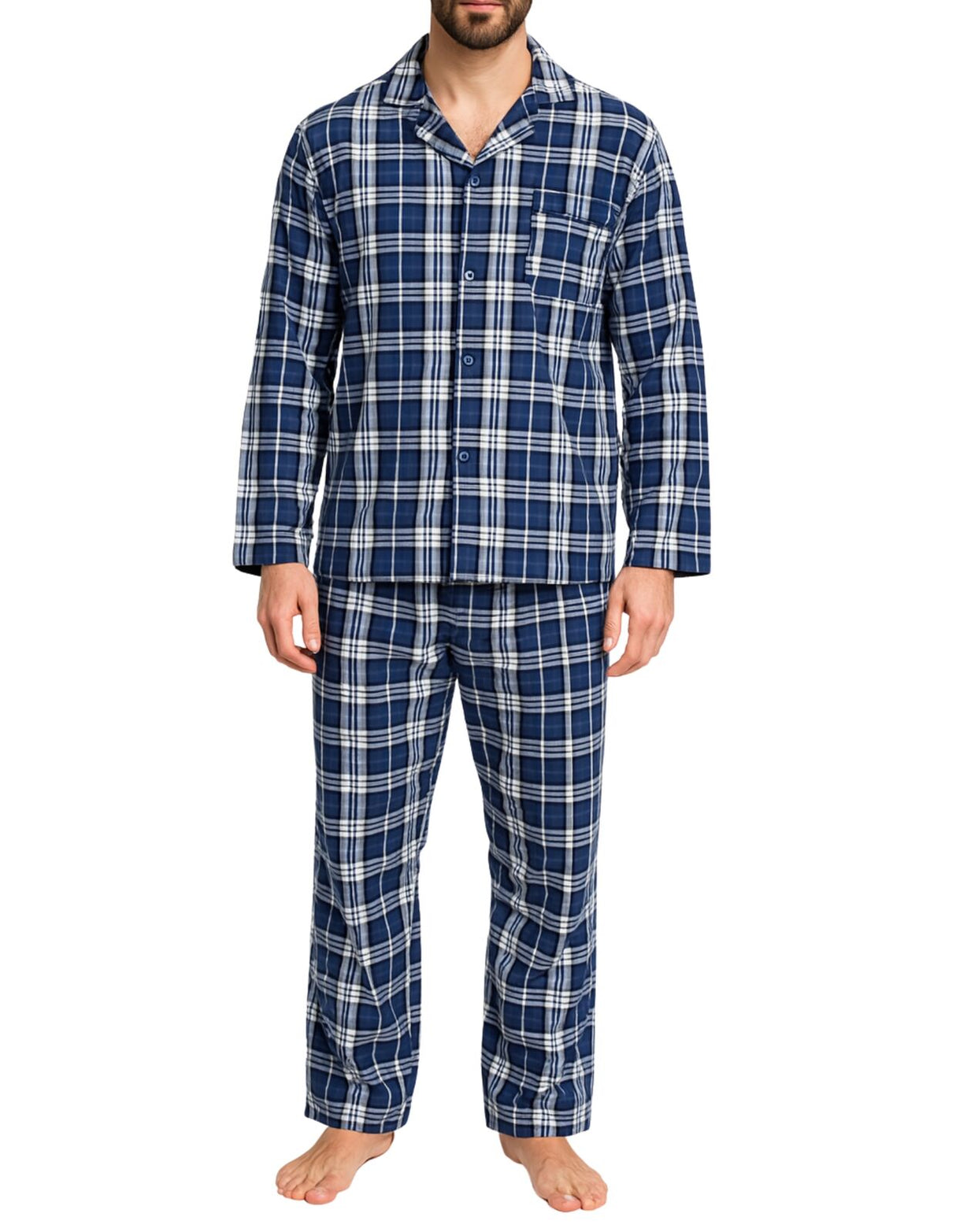 Mens Flannelette Pyjama Set Sleepwear Soft 100% Cotton PJs - Blue Check - XXL