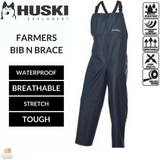 HUSKI OVERALLS Farmers Bib N Brace Waterproof Stretch Windproof Work - Navy - XS - Top-Down View