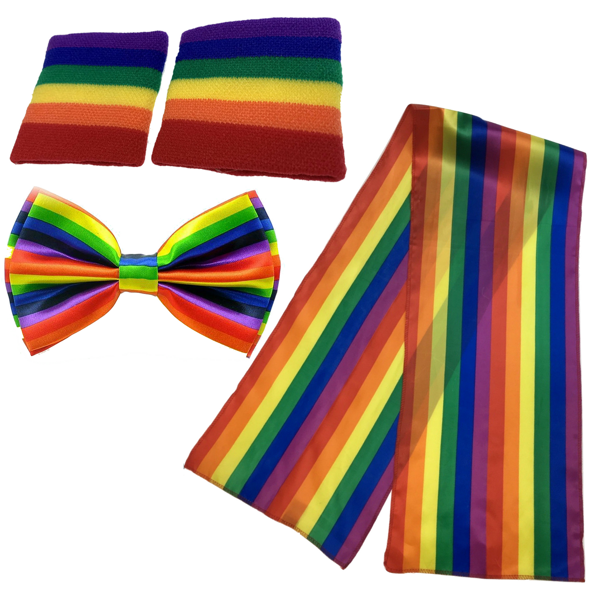 Celebration of Love Rainbow Pride Accessories Bundle: Bow Tie, Scarf, and Wristbands