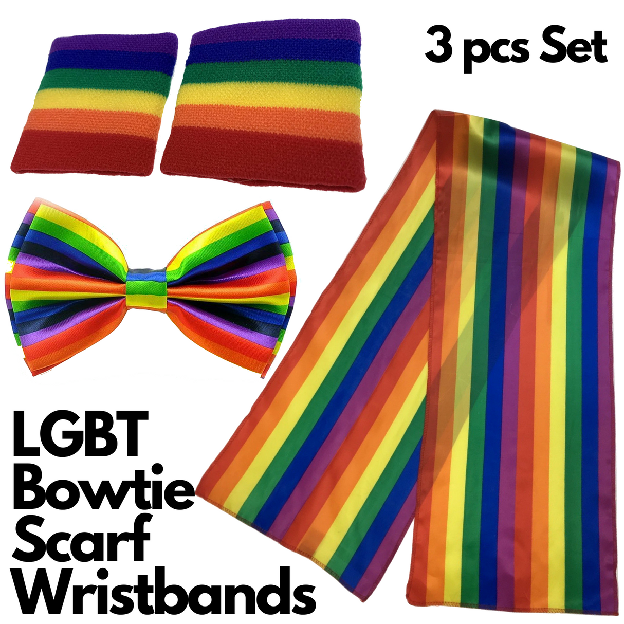 Celebration of Love Rainbow Pride Accessories Bundle: Bow Tie, Scarf, and Wristbands