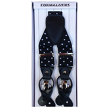 Mens Premium Convertible Suspenders Braces Clip On Elastic Y-Back Traditional Leather Tab - Polka Black/White - Front View