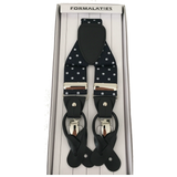 Mens Premium Convertible Suspenders Braces Clip On Elastic Y-Back Traditional Leather Tab - Polka Navy/White - Front View