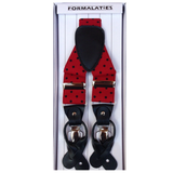 Mens Premium Convertible Suspenders Braces Clip On Elastic Y-Back Traditional Leather Tab - Polka Red/Black - Front View