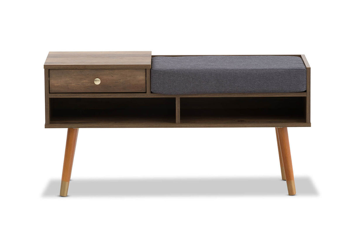 Mid-Century Walnut Hallway Storage Bench with Open Shelves and Drawer