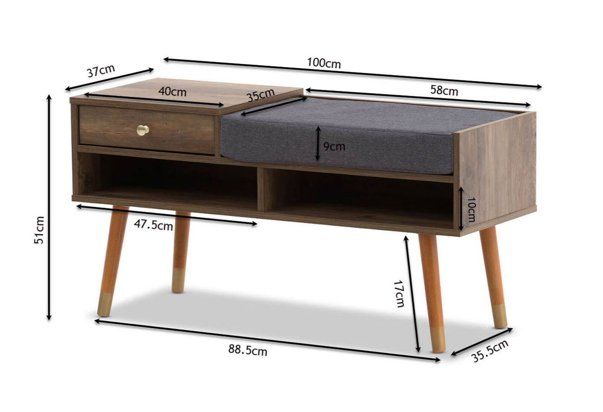 Mid-Century Walnut Hallway Storage Bench with Open Shelves and Drawer