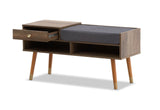 Mid-Century Walnut Hallway Storage Bench with Open Shelves and Drawer - 45-Degree Angle