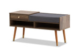 Mid-Century Walnut Hallway Storage Bench with Open Shelves and Drawer - Rear View