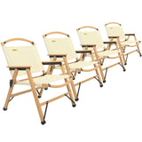 4x Bamboo Canvas Foldable Outdoor Camping Chair Wooden Picnic Park - Khaki/Beige - Front View