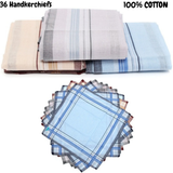 Mens HANDKERCHIEFS 100% Cotton Pocket Square Hanky Handkerchief 35x35cm - 36 Hankies - Front View