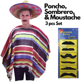 3pc Set Mens Mexican Poncho + Sombrero + Moustache Spanish Cowboy Costume Party - Front View