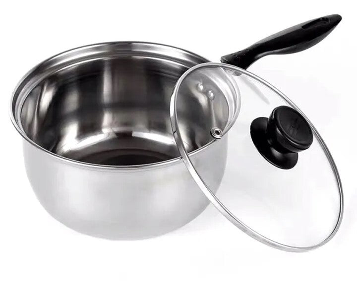 14cm Elegant Stainless Steel Milk Pot with Glass Lid for Coffee and Cooking