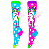 MADMIA Flying Unicorn Toddler Long Knee High Socks - Girl's Pair - Pink/Blue - Front View