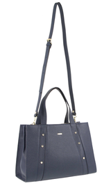 Morrissey Italian Womens Structured Leather Bag Tote Handbag Messenger - Navy - Side View