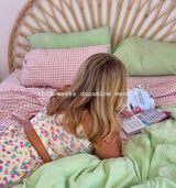 100% Cotton Muslin Duvet Quilt Cover Set w/ 2 Pillow Cases in Pastel Green - King - Top-Down View