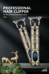 LCD Hair Clipper Barber Professional Electric Trimmer Shaver Beard Vintage - Gold - Front View