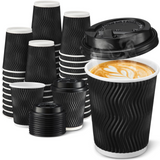 360x Triple Wall Paper Coffee Cups w/Lids (8oz) Disposable Takeaway Bulk in Black - Front View