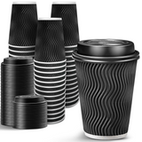 360x Triple Wall Paper Coffee Cups w/Lids (12oz) Disposable Takeaway Bulk in Black - Front View