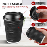 360x Triple Wall Paper Coffee Cups w/Lids (12oz) Disposable Takeaway Bulk in Black - 45-Degree Angle