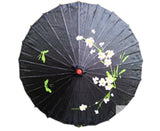 PARASOL UMBRELLA Chinese Japanese Bamboo Flower Pattern Fabric 80cm Diameter - Black - Front View