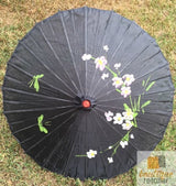 PARASOL UMBRELLA Chinese Japanese Bamboo Flower Pattern Fabric 80cm Diameter - Black - Side View