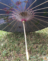 PARASOL UMBRELLA Chinese Japanese Bamboo Flower Pattern Fabric 80cm Diameter - Black - Top-Down View