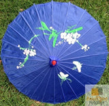 PARASOL UMBRELLA Chinese Japanese Bamboo Flower Pattern Fabric 80cm Diameter - Blue - Side View