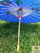 PARASOL UMBRELLA Chinese Japanese Bamboo Flower Pattern Fabric 80cm Diameter - Blue - Top-Down View