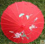 PARASOL UMBRELLA Chinese Japanese Bamboo Flower Pattern Fabric 80cm Diameter - Red - Side View