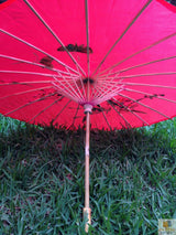 PARASOL UMBRELLA Chinese Japanese Bamboo Flower Pattern Fabric 80cm Diameter - Red - Top-Down View