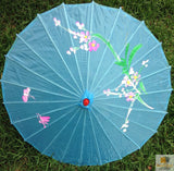 PARASOL UMBRELLA Chinese Japanese Bamboo Flower Pattern Fabric 80cm Diameter - Sky Blue - Side View