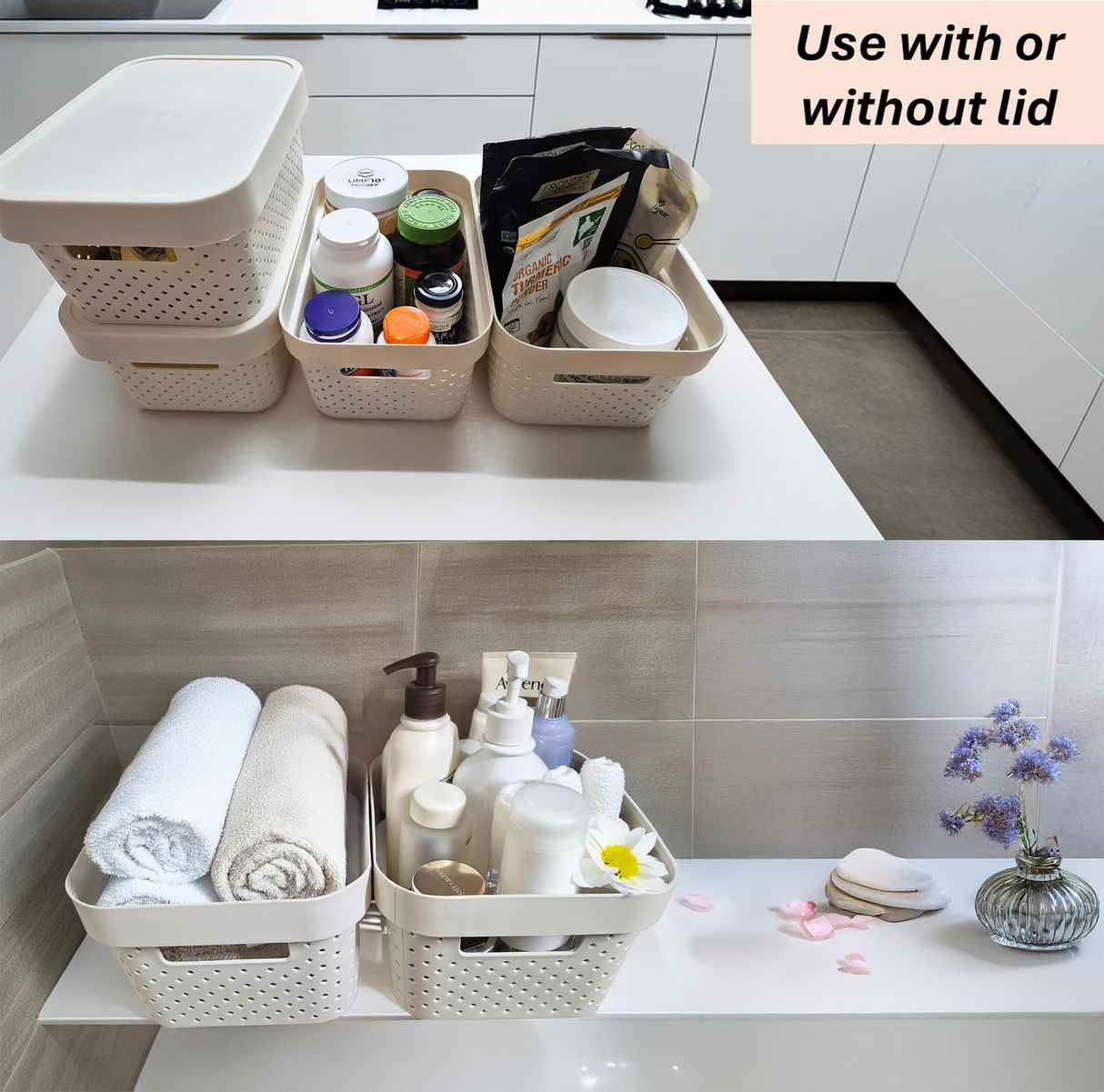 24x 5L Premium Plastic Storage Basket Container Box w/ Lid Dot Pattern (26.5*18*12.5cm)