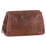 Pierre Cardin Mens Rustic Leather Toiletry Case Bag Travel - Cognac - Front View