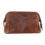 Pierre Cardin Mens Rustic Leather Toiletry Case Bag Travel - Cognac - 45-Degree Angle