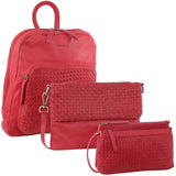 3PC Set Pierre Cardin Womens Woven Leather Cross-Body Bags + Backpack - Red - Front View