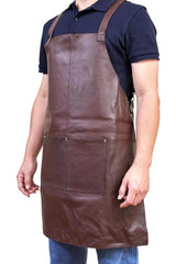 Pierre Cardin Professional Leather Apron Butcher Woodwork Hairdressing Barber Chef - Brown - Top-Down View
