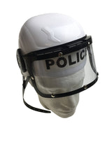 Police Costume Accessory: White Plastic Helmet with Clear Visor and Adjustable Strap - Side View