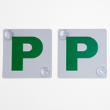 2x GREEN P PLATES Suction Probationary Car Window Signs for NSW (New South Wales) - Front View