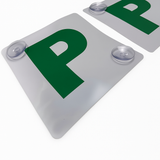 2x GREEN P PLATES Suction Probationary Car Window Signs for NSW (New South Wales) - Side View